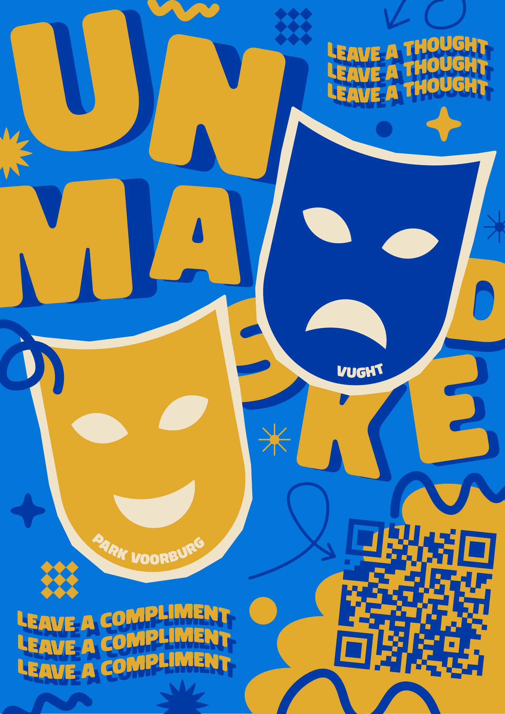 UnMasked poster, blauwe versie met twee theatermaskers en een QR-code naar Park Voorburg in Vught