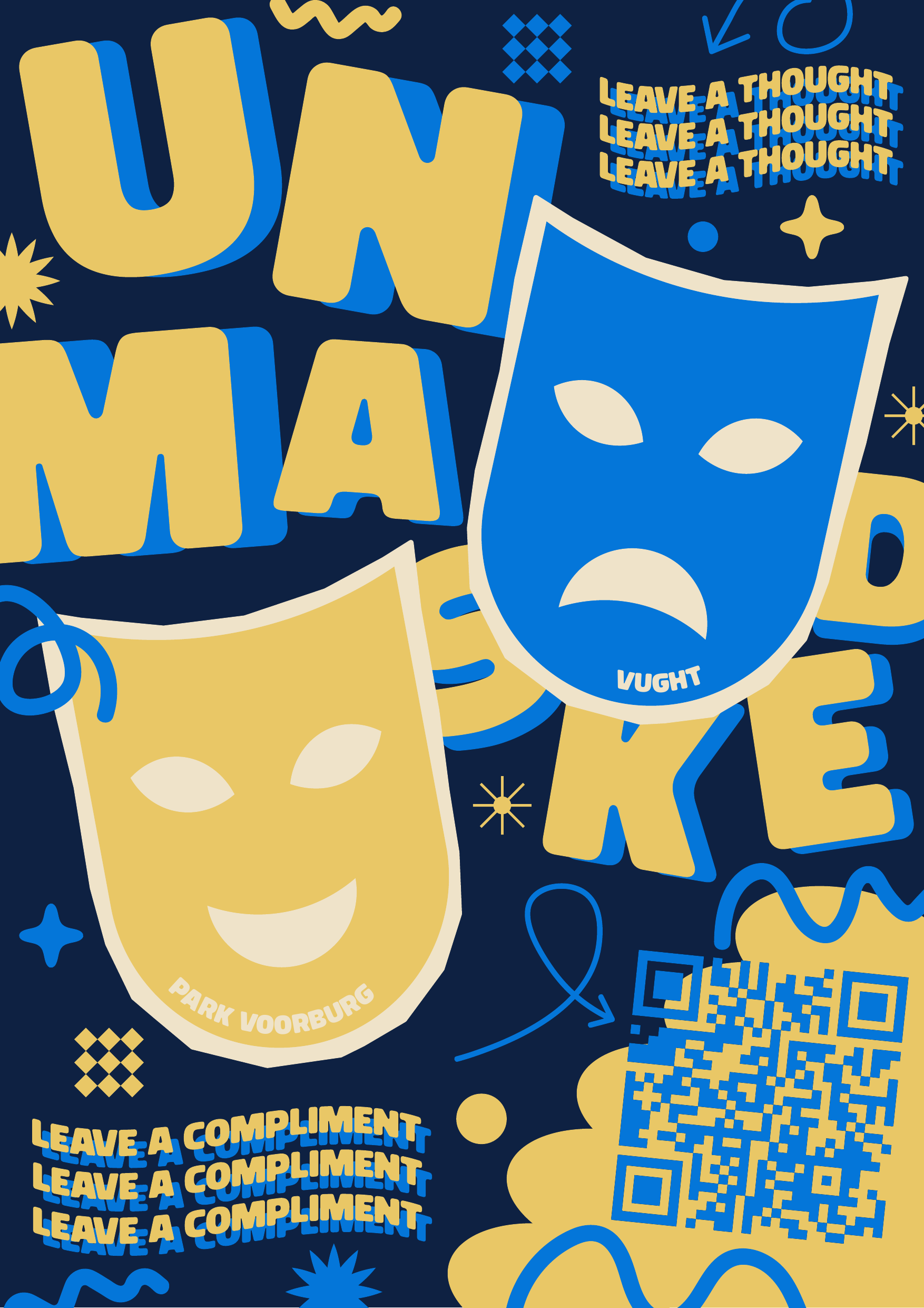 UnMasked poster, donkerblauwe versie met twee theatermaskers en een QR-code naar Park Voorburg in Vught